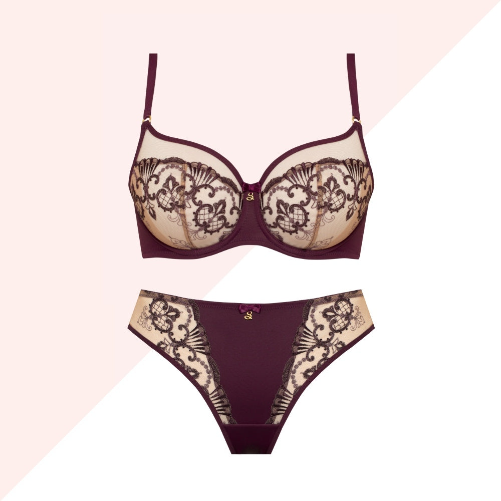 Sheer Mesh Tulle Embroidered Tanga Panty Perla Aubergine