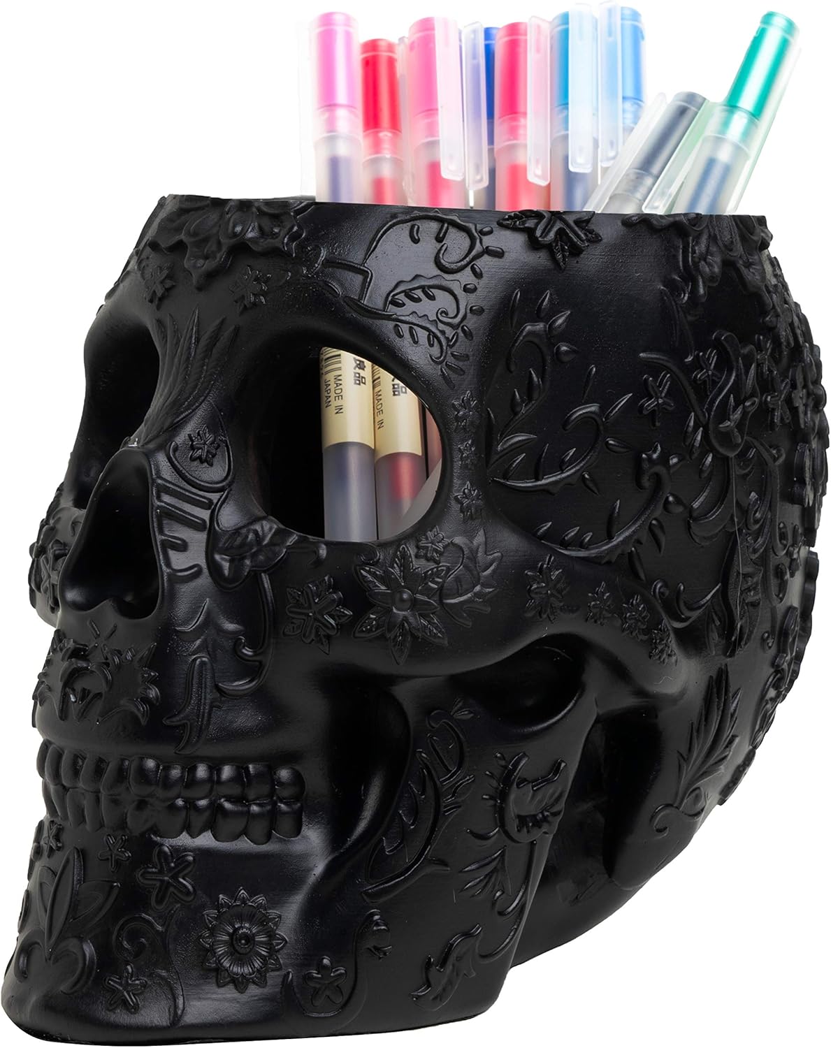 Skull Makeup Brush Holder, Pen Holder, Vanity, Desk, Office Organizer, Stationary, Decor Planter , Candy Bowl , Goth Decorations , Extra Large, Skulls Gothic Skull & Bones Organizer Bathroom (Black)
