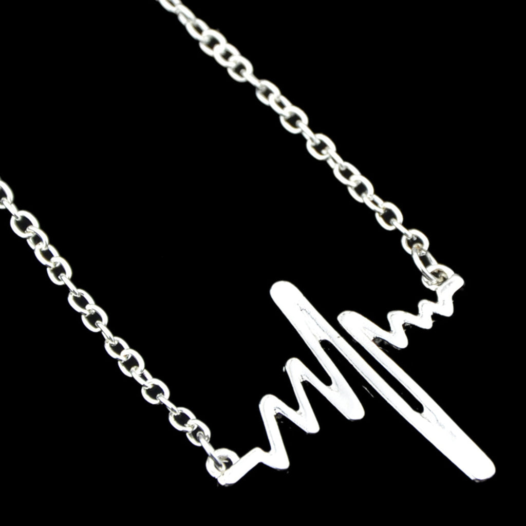 Cool Punk Goth Black Silver Chain Minimalist Heartbeat Abstract Art Necklace