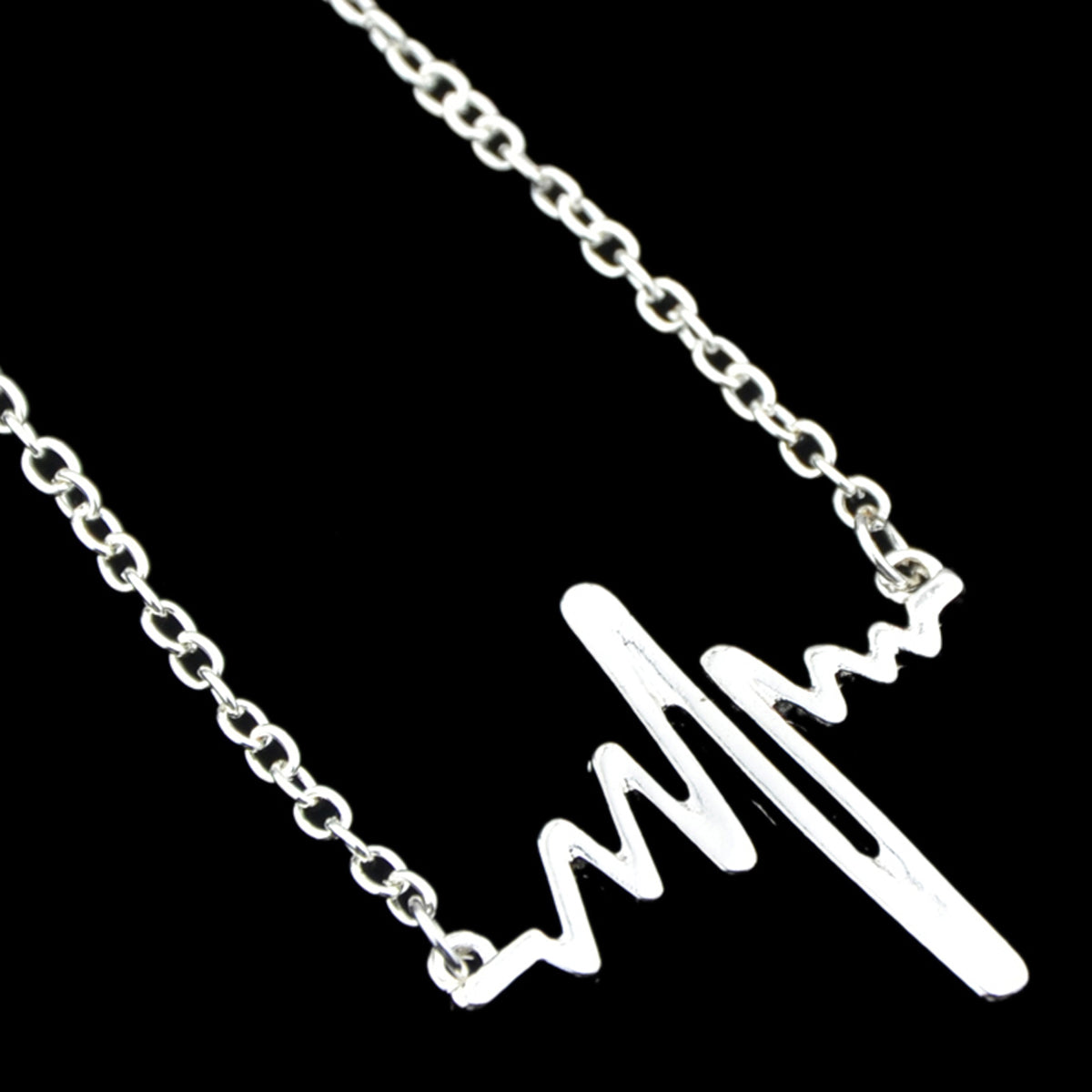 Cool Punk Goth Black Silver Chain Minimalist Heartbeat Abstract Art Necklace