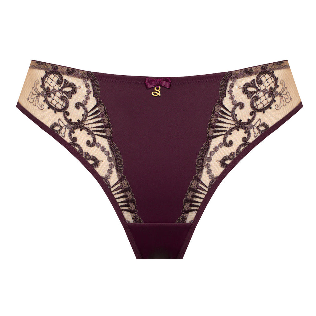 Sheer Mesh Tulle Embroidered Tanga Panty Perla Aubergine