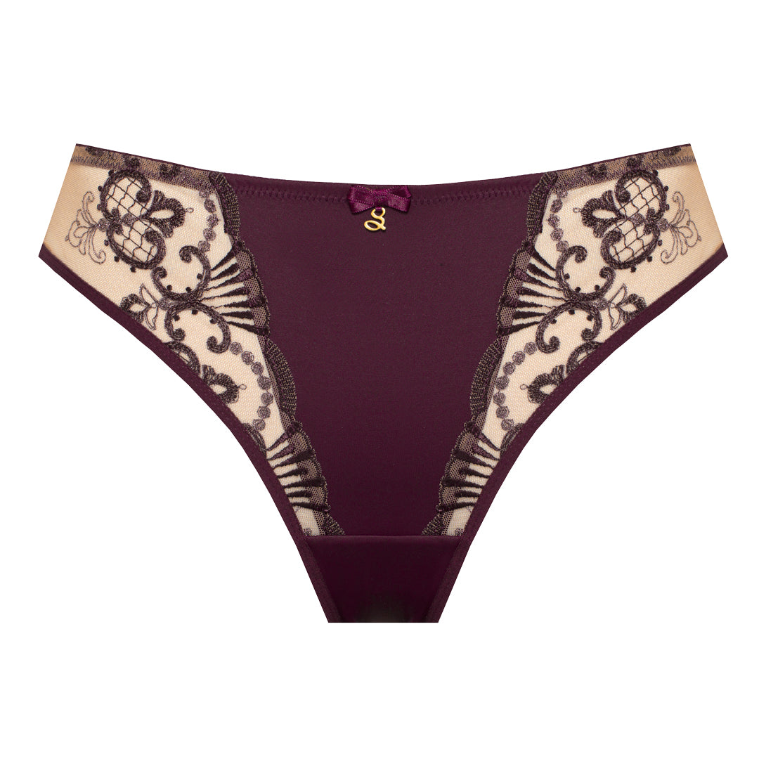 Sheer Mesh Tulle Embroidered Tanga Panty Perla Aubergine