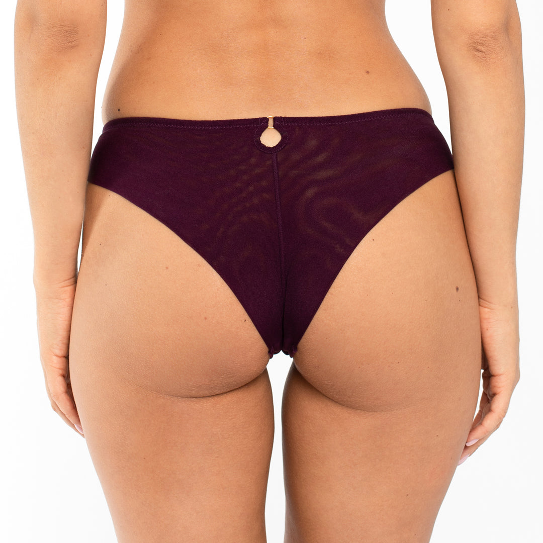Sheer Mesh Tulle Embroidered Tanga Panty Perla Aubergine