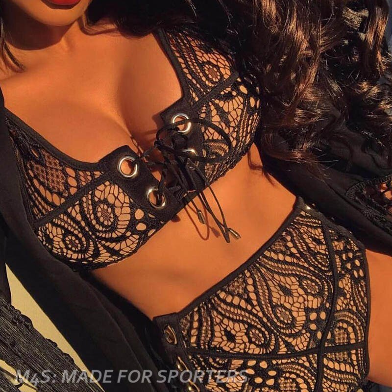 Bikini Set Lace High Waist Bandage Swimsuits Hollow out Sexy