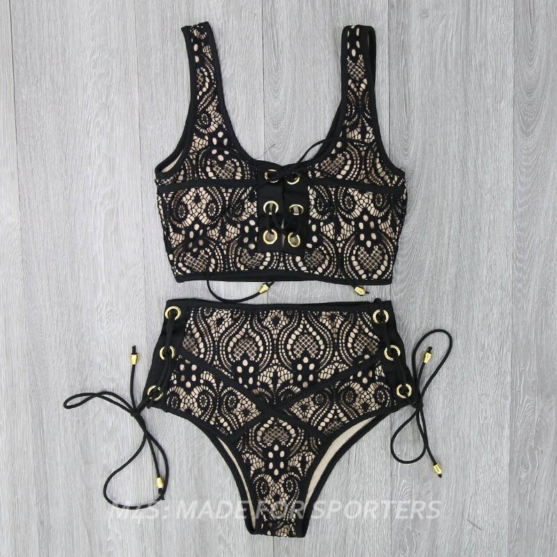 Bikini Set Lace High Waist Bandage Swimsuits Hollow out Sexy