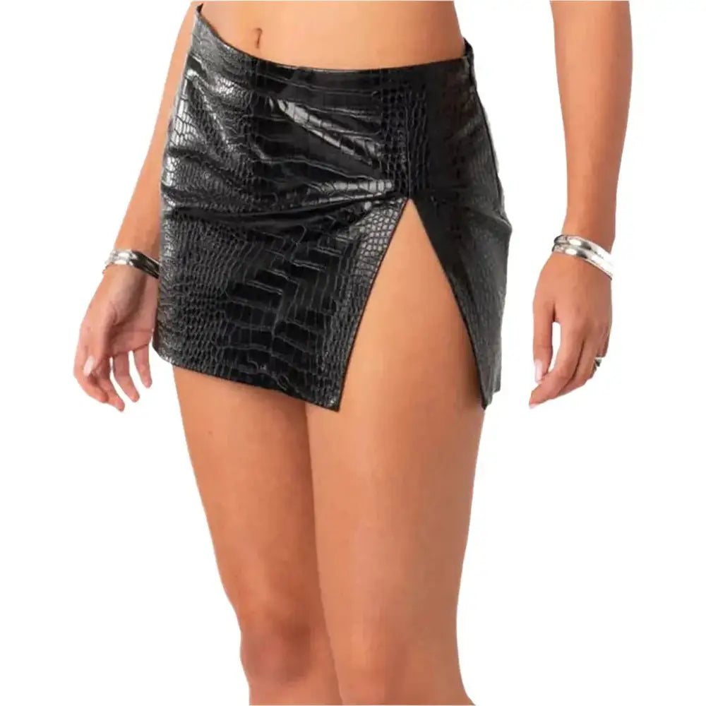 Women’s Black Croc-Embossed Leather Mini Skirt