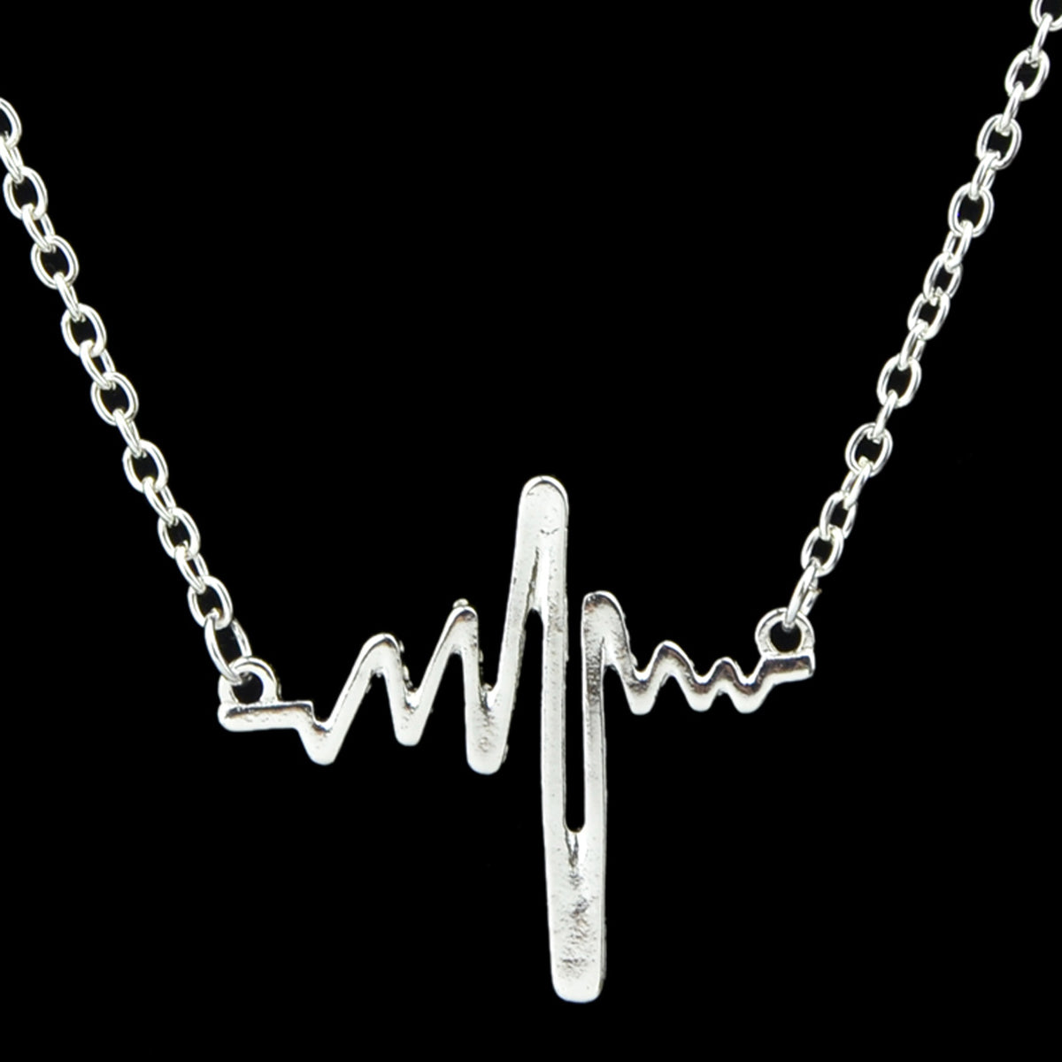 Cool Punk Goth Black Silver Chain Minimalist Heartbeat Abstract Art Necklace