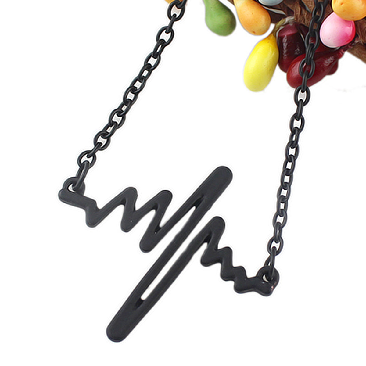 Cool Punk Goth Black Silver Chain Minimalist Heartbeat Abstract Art Necklace