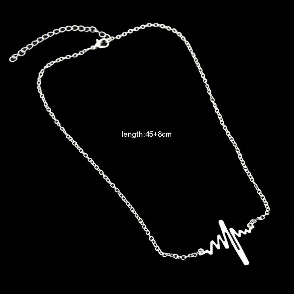 Cool Punk Goth Black Silver Chain Minimalist Heartbeat Abstract Art Necklace