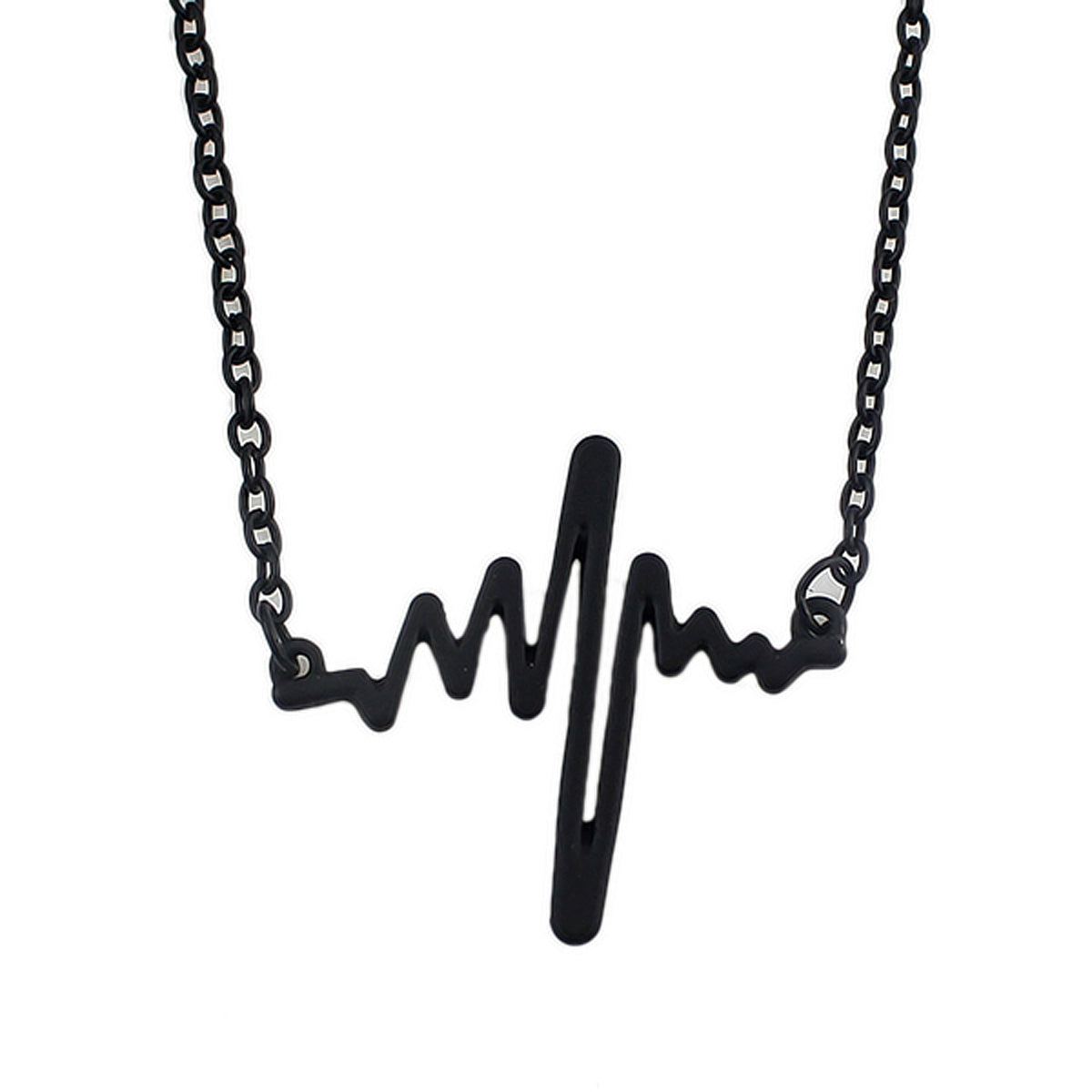 Cool Punk Goth Black Silver Chain Minimalist Heartbeat Abstract Art Necklace