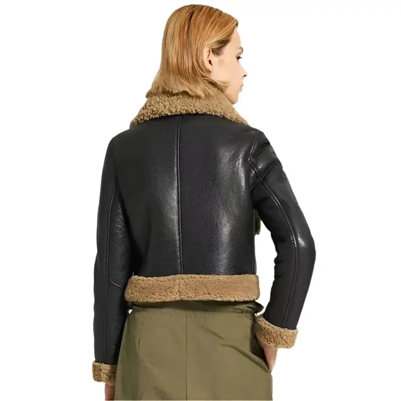 Women's Black Leather Jacket with Brown Shearling Collar