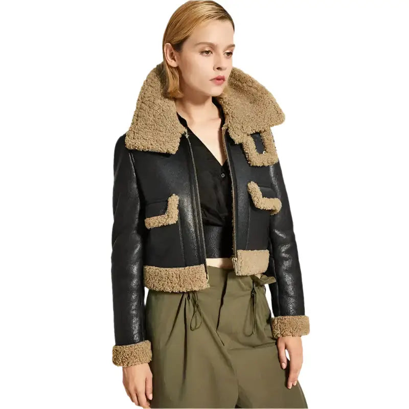 Women's Black Leather Jacket with Brown Shearling Collar
