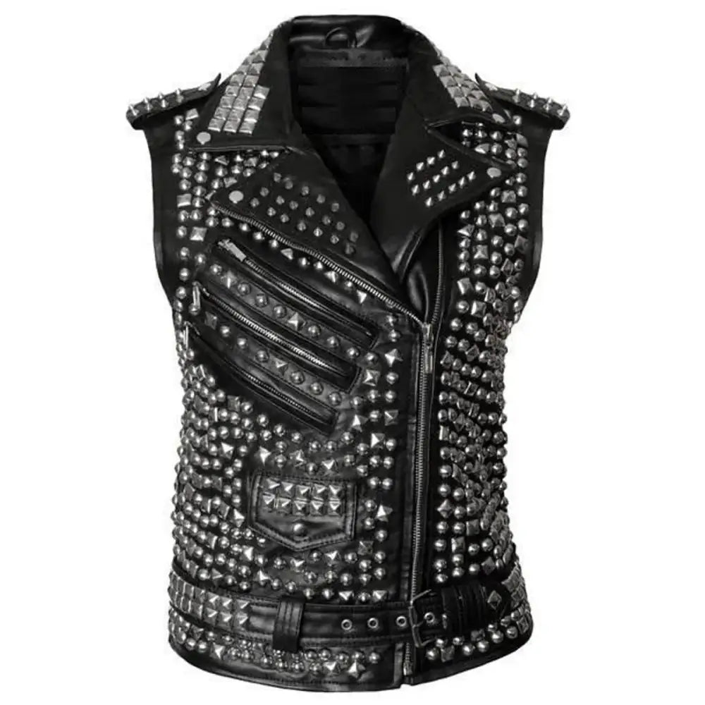 Women's Studded Leather Vest with Spike Belt – Punk Goth Style